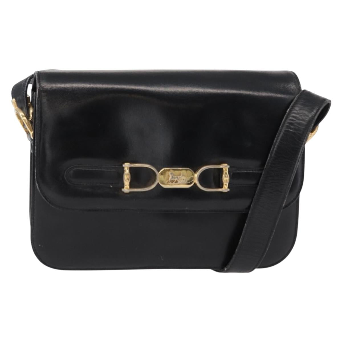 CELINE Horse Carriage Shoulder Bag Leather Black Gold Auth gh1220