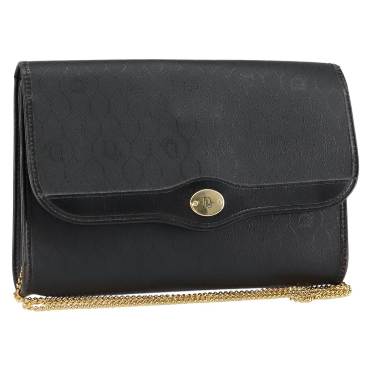 Christian Dior Honeycomb Canvas Chain Shoulder Bag PVC Black Gold Auth gh1228