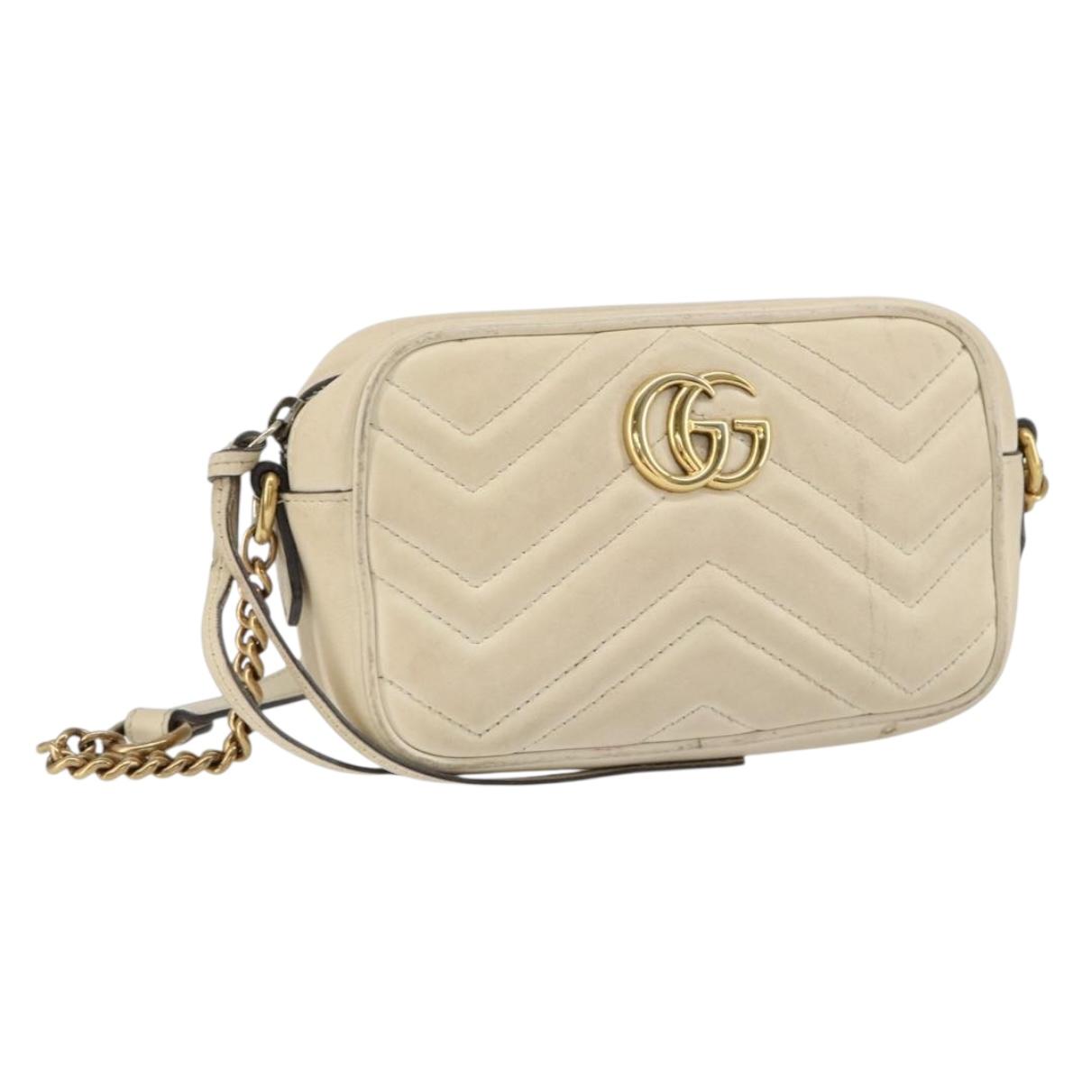GUCCI GG Marmont Mini Camera Bag Leather White Gold 448065 Auth gh1235
