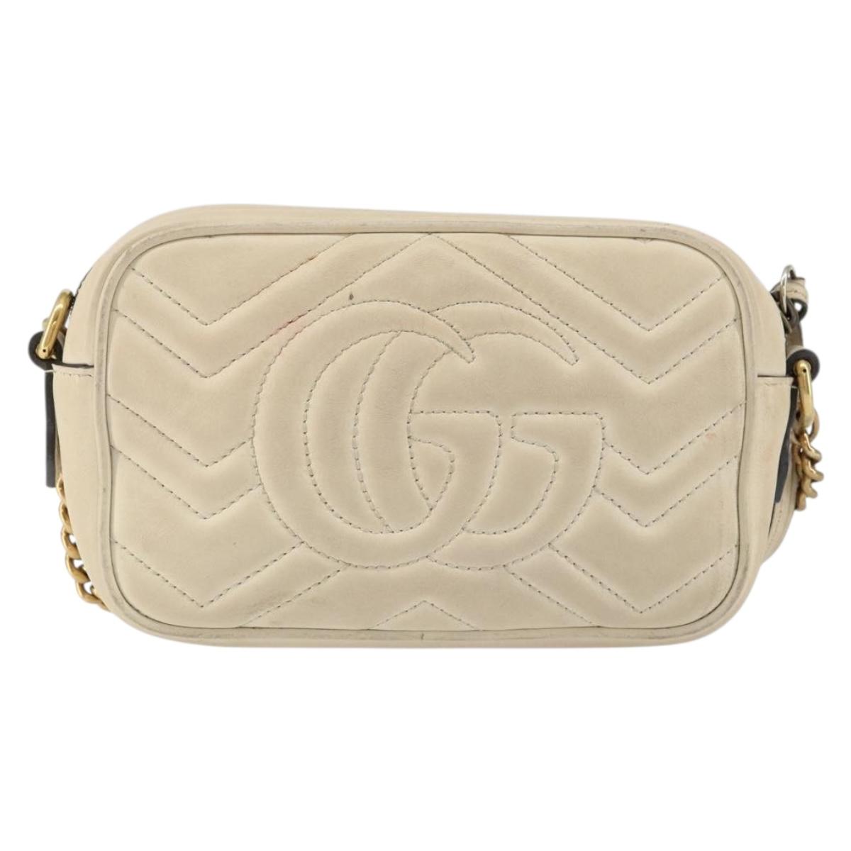 GUCCI GG Marmont Mini Camera Bag Leather White Gold 448065 Auth gh1235