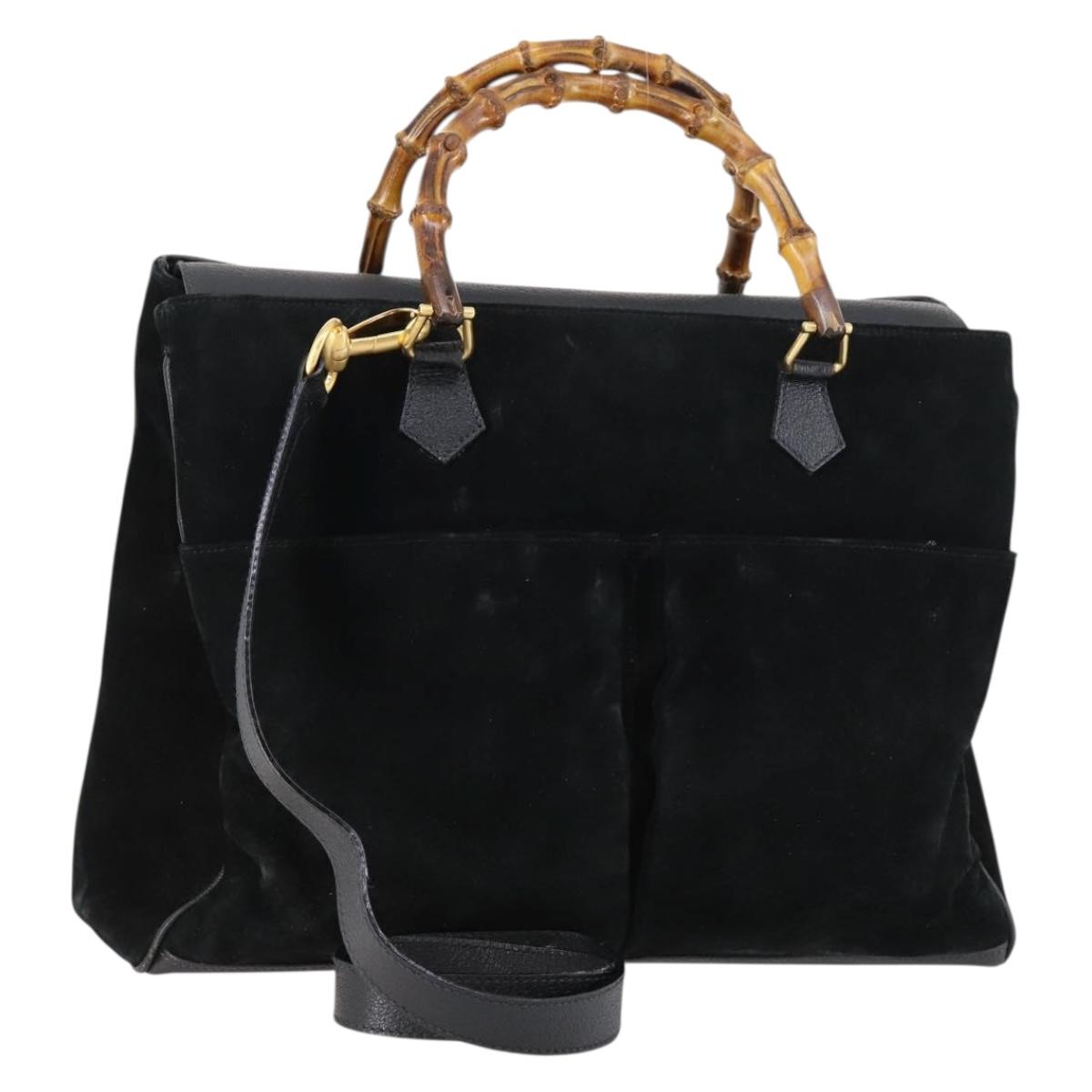 GUCCI Bamboo Hand Bag Suede 2way Black Gold 002 123 0322 Auth gh1242