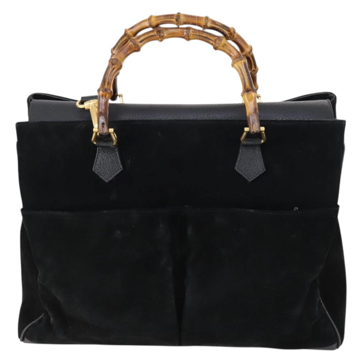 GUCCI Bamboo Hand Bag Suede 2way Black Gold 002 123 0322 Auth gh1242