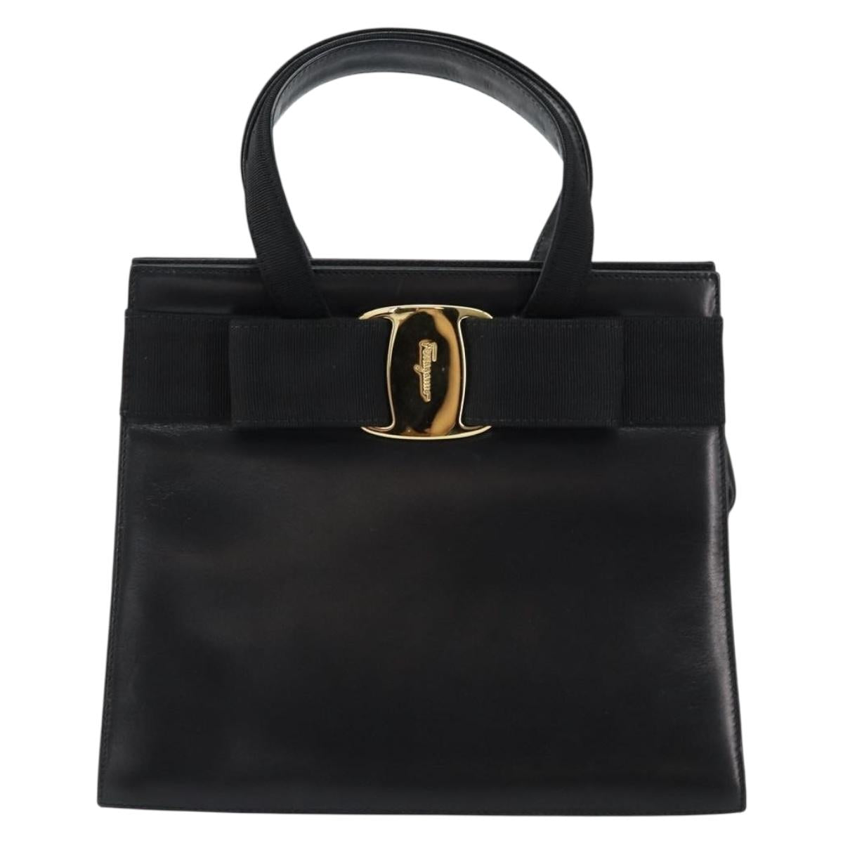Salvatore Ferragamo Vala Hand Bag Leather Black Gold Auth gh1245