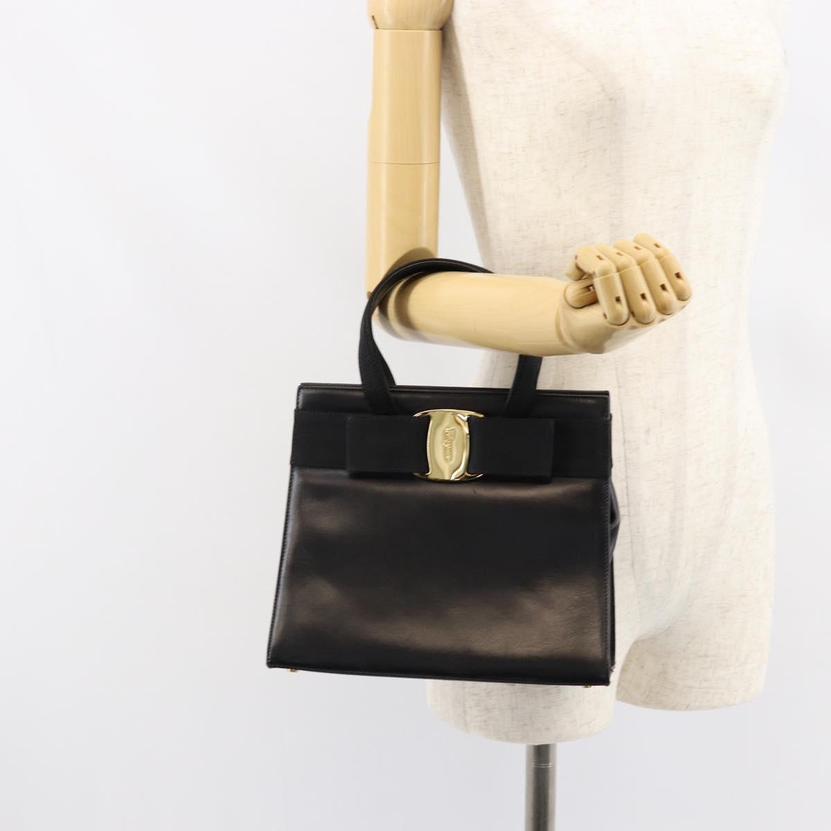 Salvatore Ferragamo Vala Hand Bag Leather Black Gold Auth gh1245