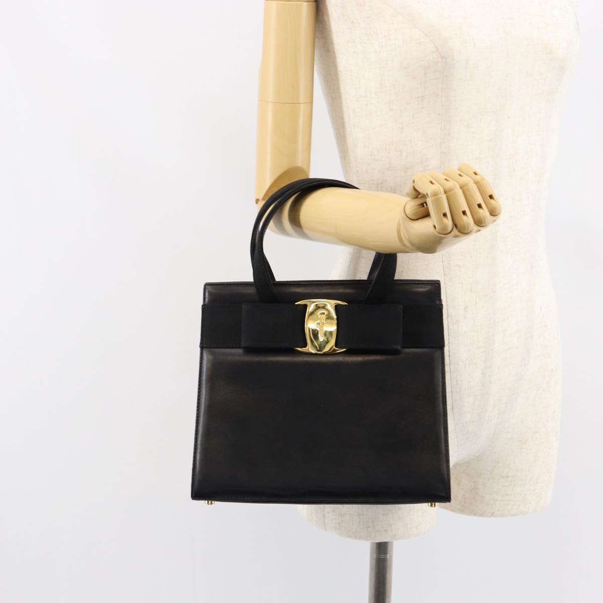 Salvatore Ferragamo Vala Hand Bag Leather Black Gold Auth gh1249