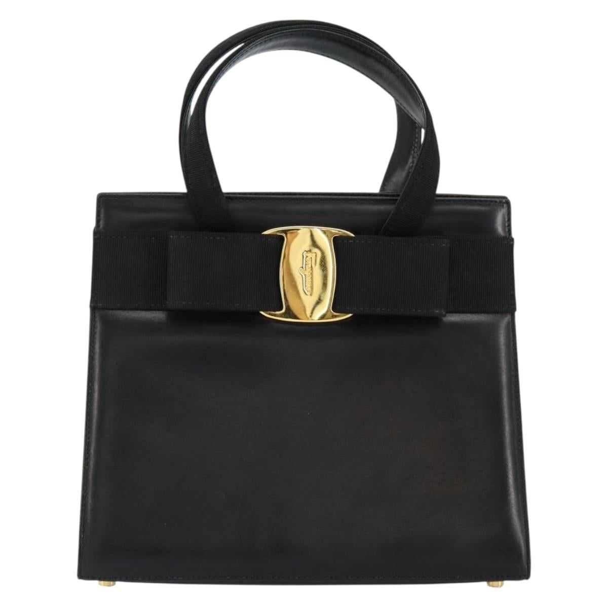 Salvatore Ferragamo Vala Hand Bag Leather Black Gold Auth gh1249