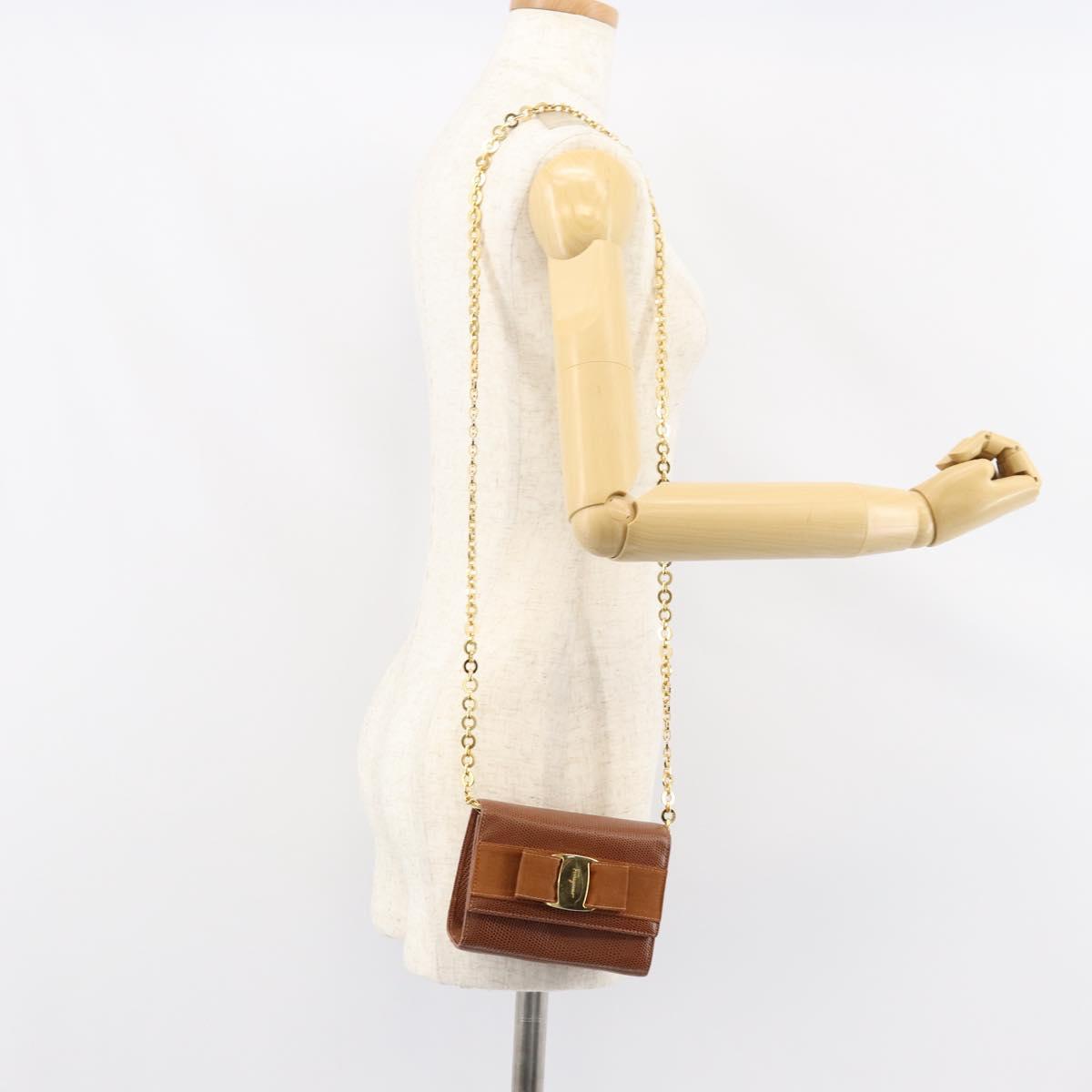 Salvatore Ferragamo Vala Chain Embossed Bag Leather Brown Gold Auth gh1250