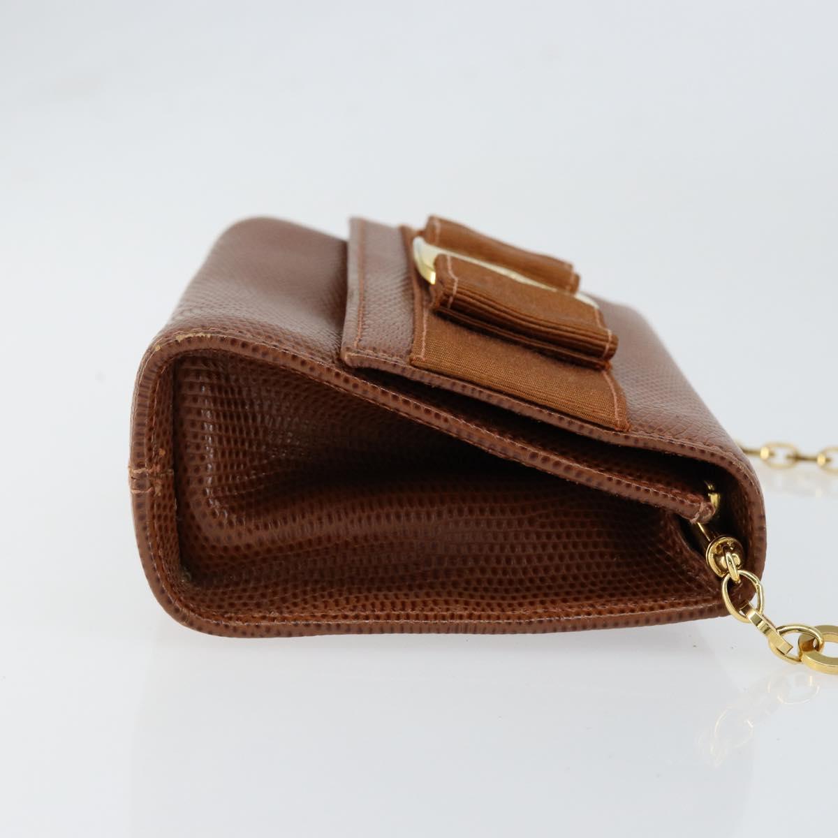 Salvatore Ferragamo Vala Chain Embossed Bag Leather Brown Gold Auth gh1250