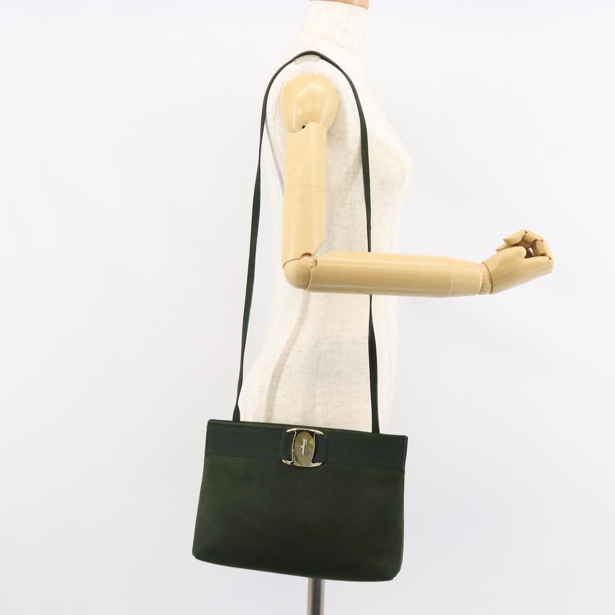 Salvatore Ferragamo Vala Shoulder Bag Suede Khaki Gold Auth gh1252