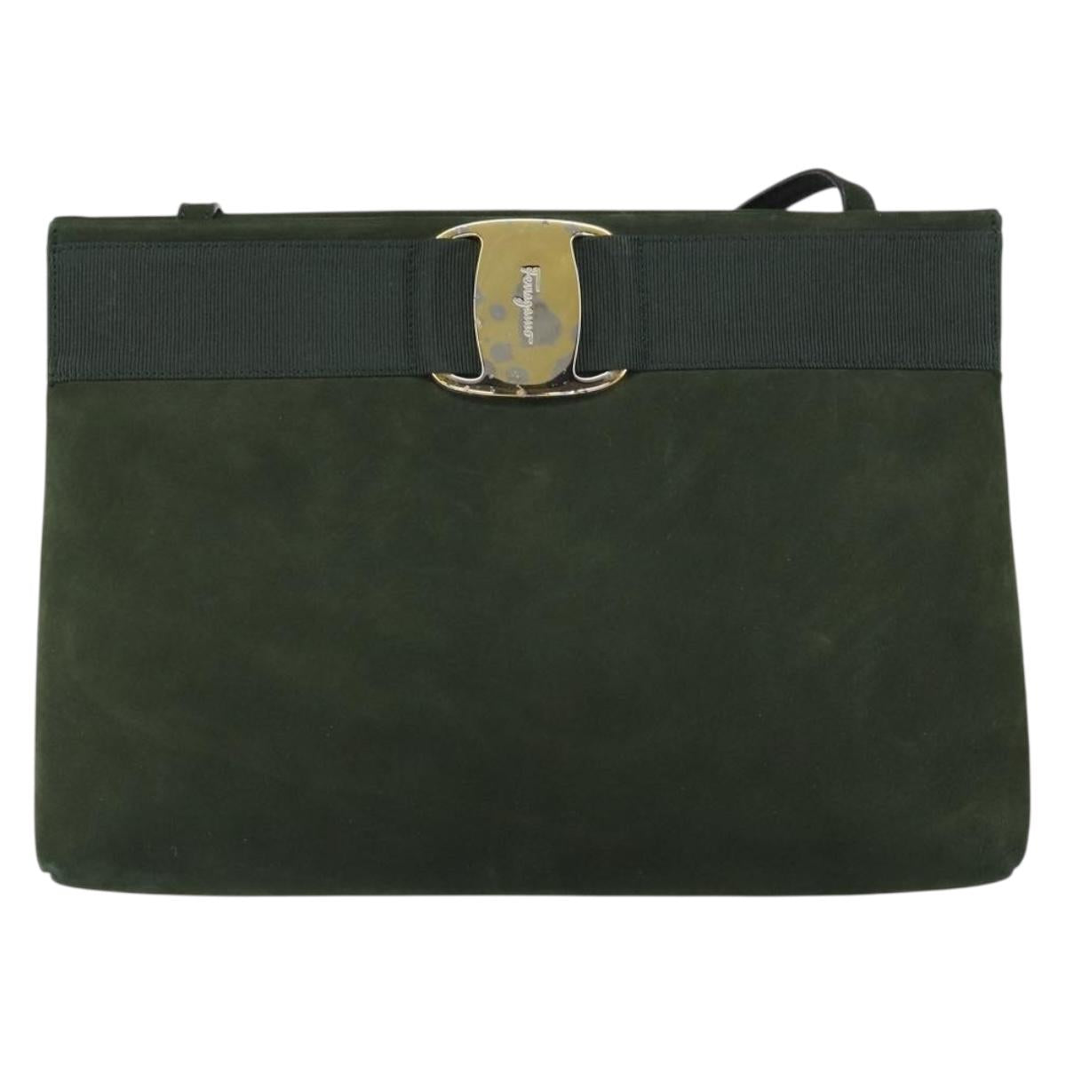 Salvatore Ferragamo Vala Shoulder Bag Suede Khaki Gold Auth gh1252