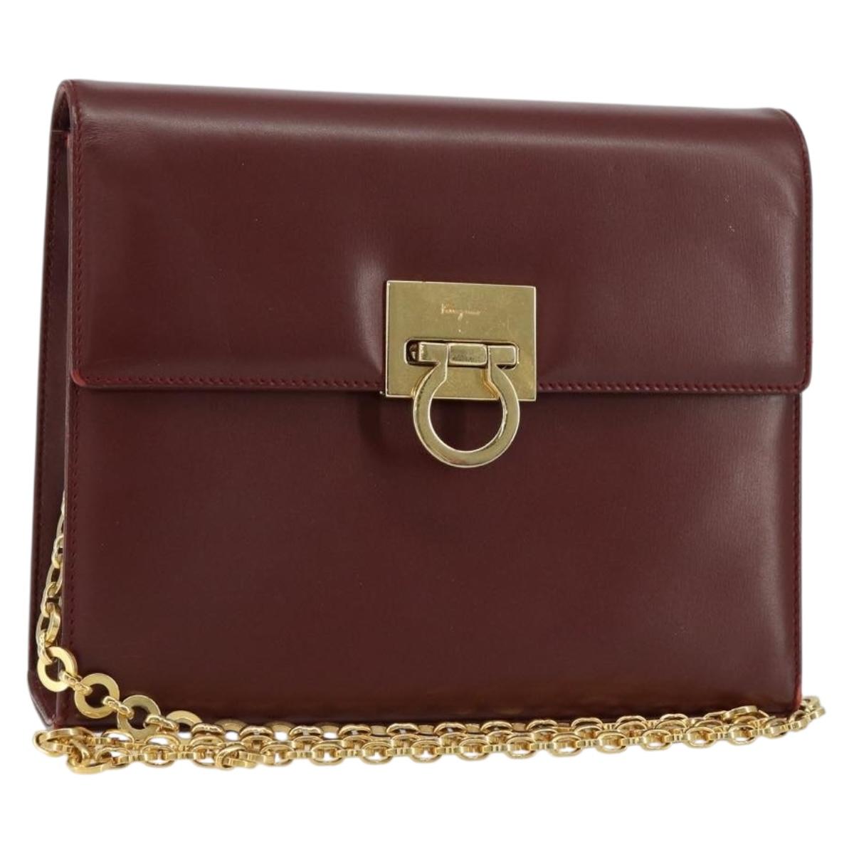 Salvatore Ferragamo Gancini Chain Shoulder Bag Leather Bordeaux Gold Auth gh1253