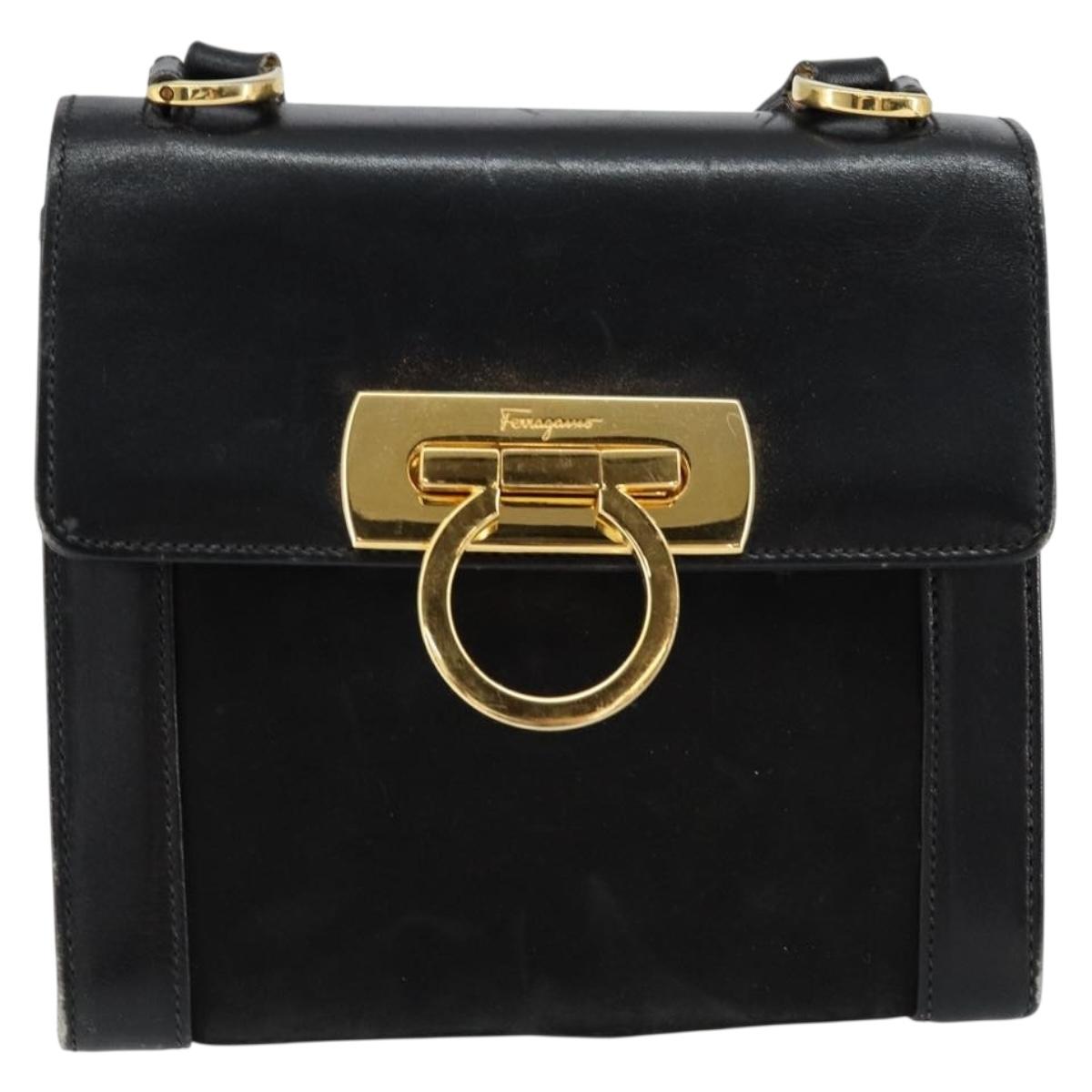 Salvatore Ferragamo Gancini Shoulder Bag Leather Black Gold Auth gh1266