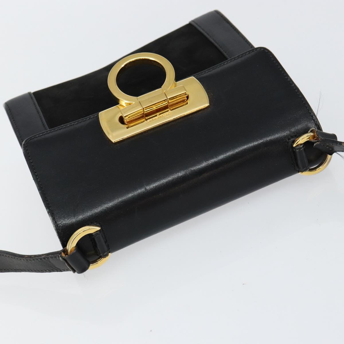 Salvatore Ferragamo Gancini Shoulder Bag Leather Black Gold Auth gh1266