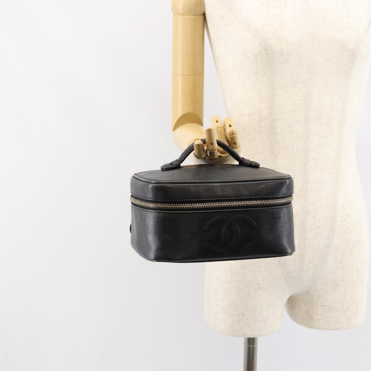 CHANEL COCO Mark Vanity Pouch Caviar Skin Black Gold CC Auth gh1283