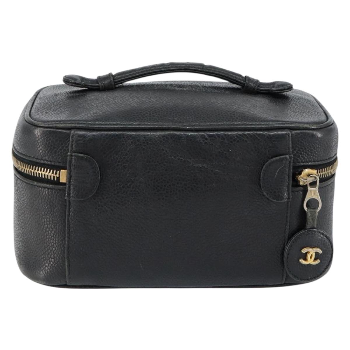 CHANEL COCO Mark Vanity Pouch Caviar Skin Black Gold CC Auth gh1283