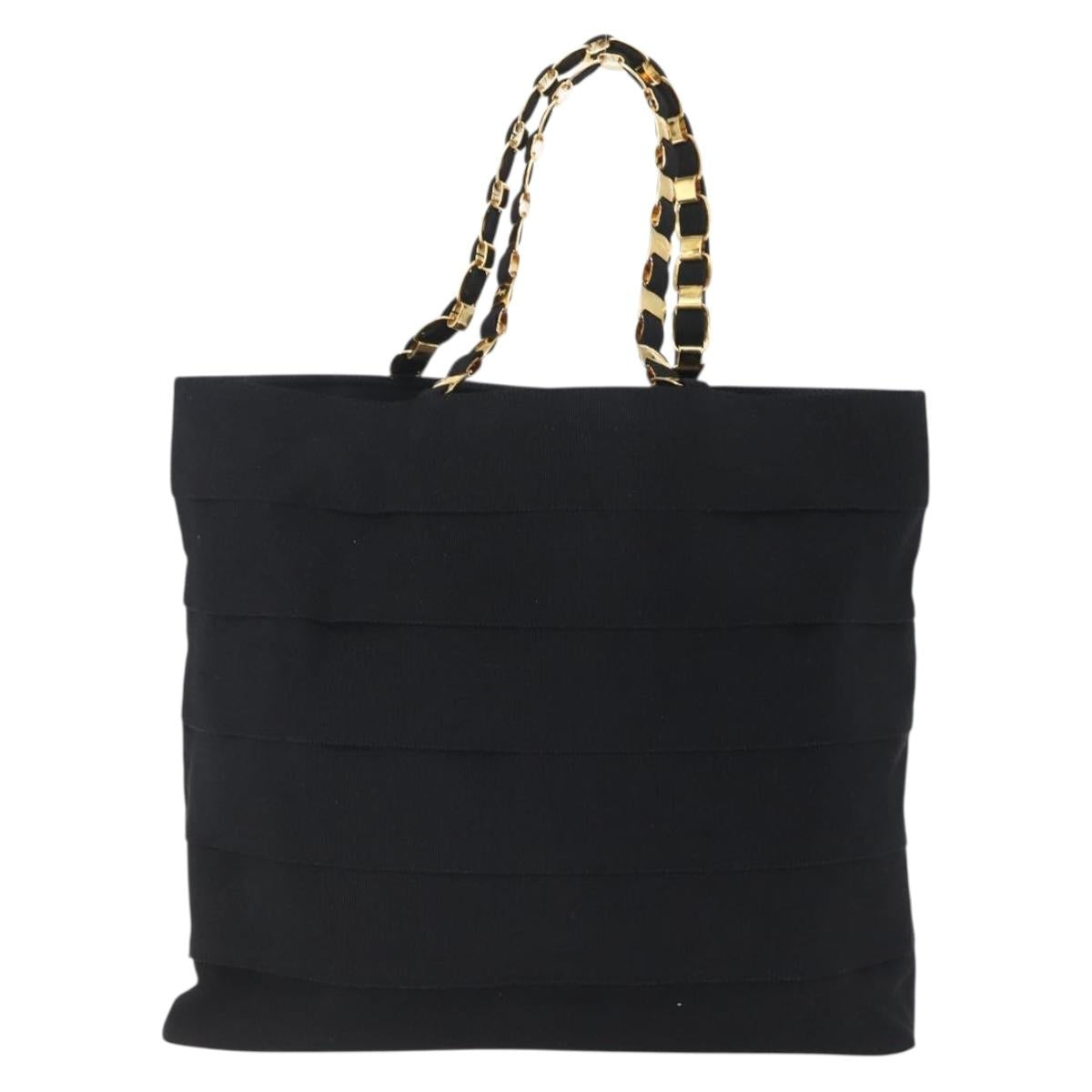 Salvatore Ferragamo Chain Tote Bag Canvas Black Gold Auth gh1290