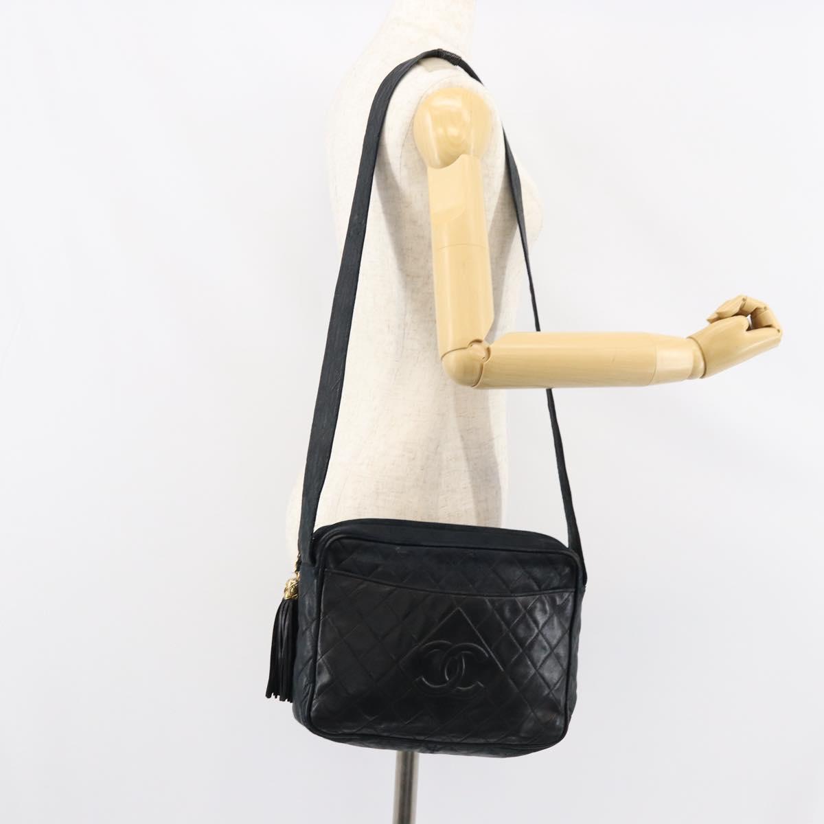 CHANEL Matelasse COCO Mark Shoulder Bag Lamb Skin Black Gold CC Auth gh1304