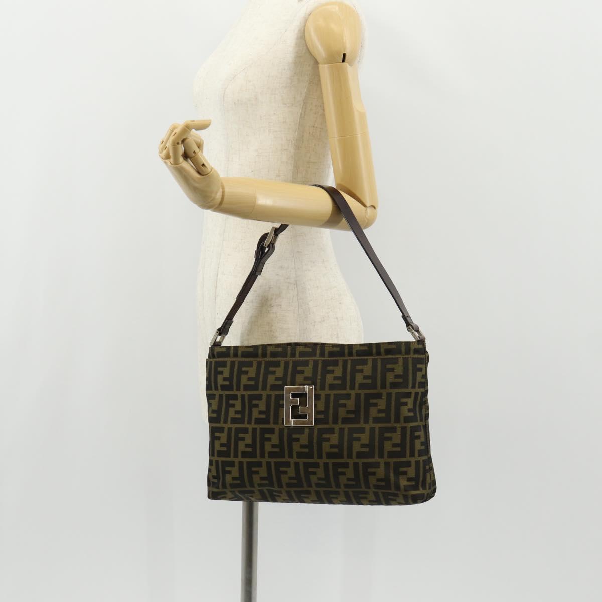 FENDI Zucca Canvas Shoulder Bag Khaki Black Auth gh1329V