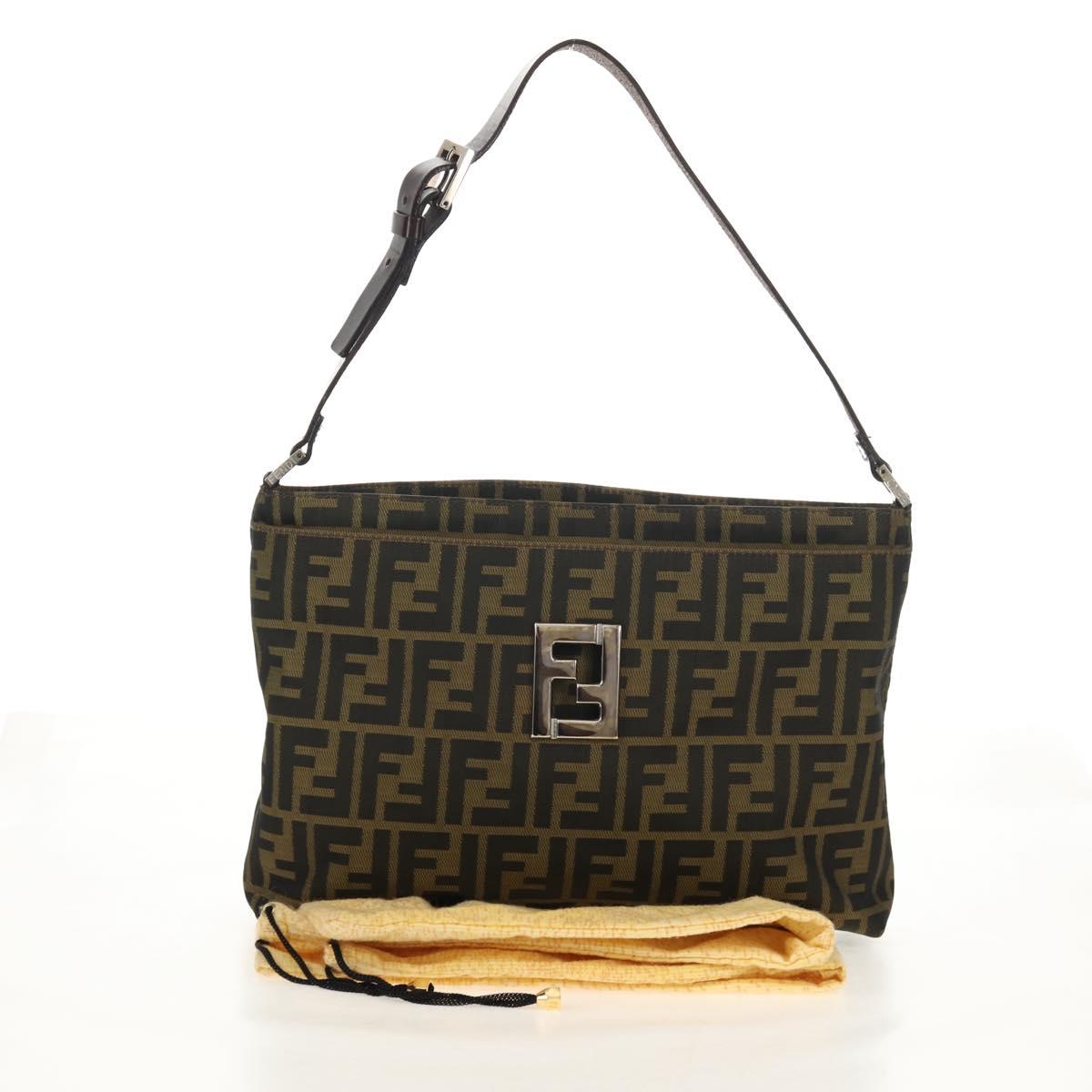 FENDI Zucca Canvas Shoulder Bag Khaki Black Auth gh1329V
