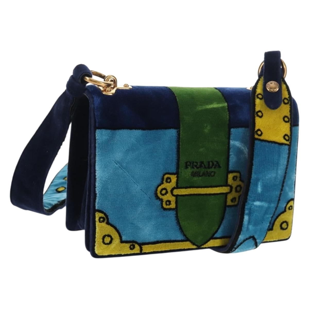 PRADA Kaye Shoulder Bag Velor Blue Gold Auth gh1354M