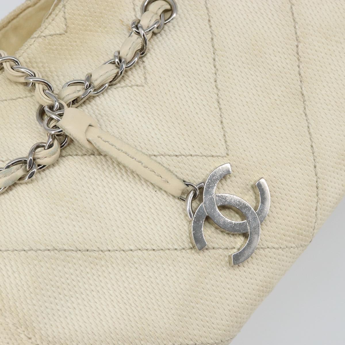 CHANEL Chain V Stitch Shoulder Bag Canvas White Silver CC Auth gh1368