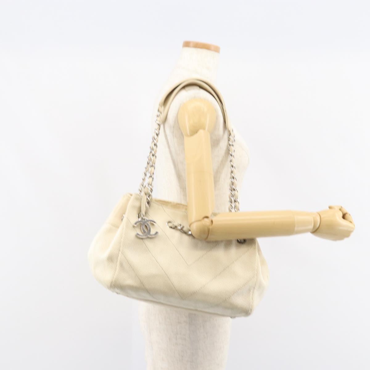 CHANEL Chain V Stitch Shoulder Bag Canvas White Silver CC Auth gh1368