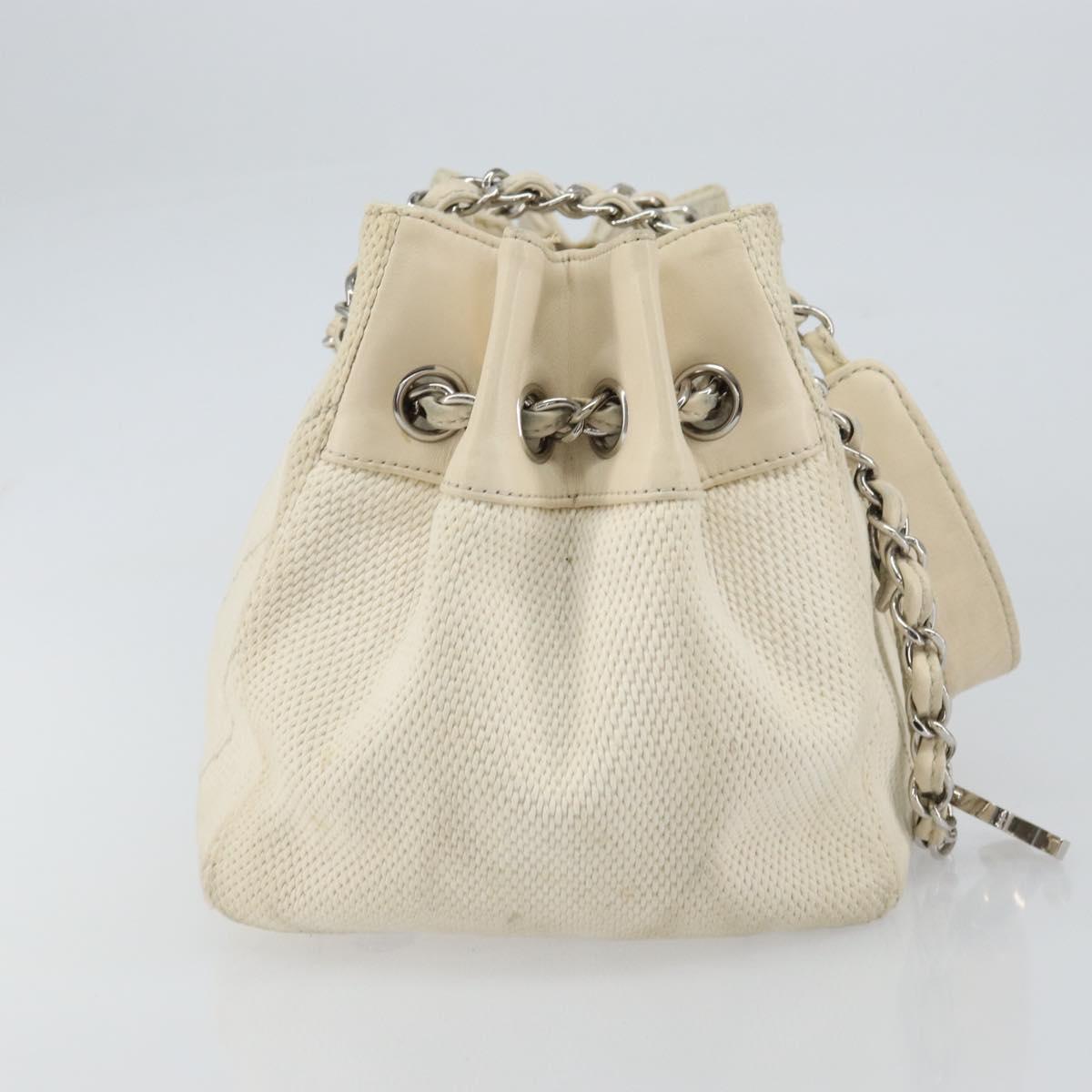 CHANEL Chain V Stitch Shoulder Bag Canvas White Silver CC Auth gh1368