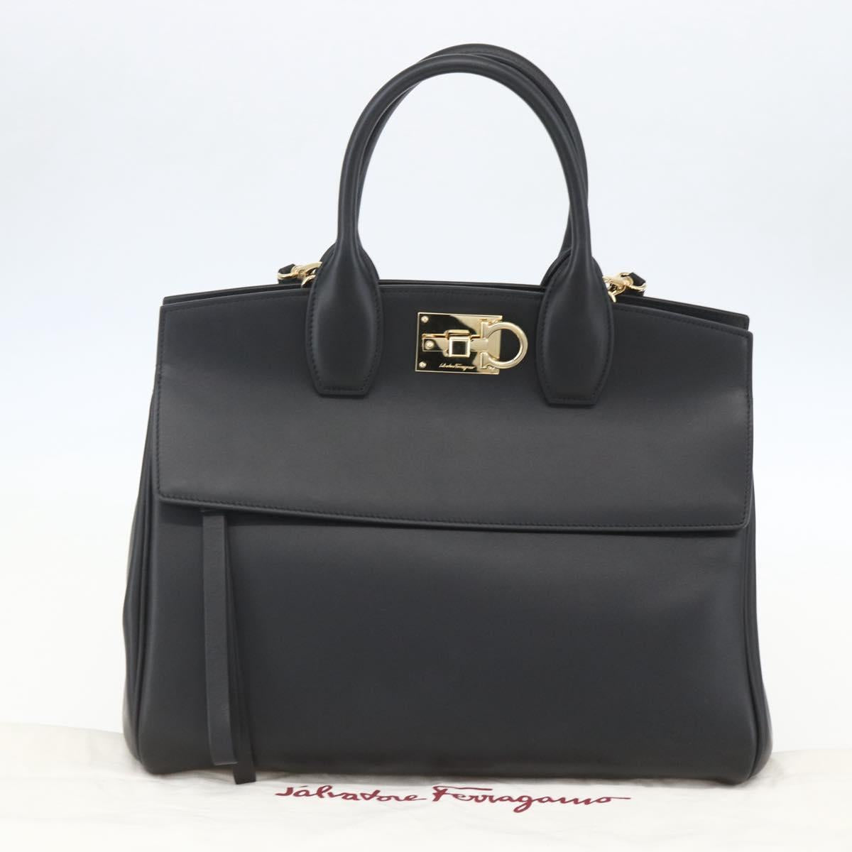 Salvatore Ferragamo Gancini Hand Bag Leather 2way Black Gold Auth gh1393V