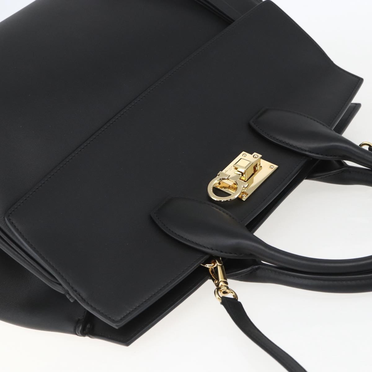 Salvatore Ferragamo Gancini Hand Bag Leather 2way Black Gold Auth gh1393V