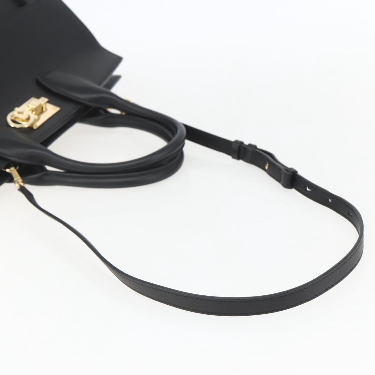 Salvatore Ferragamo Gancini Hand Bag Leather 2way Black Gold Auth gh1393V