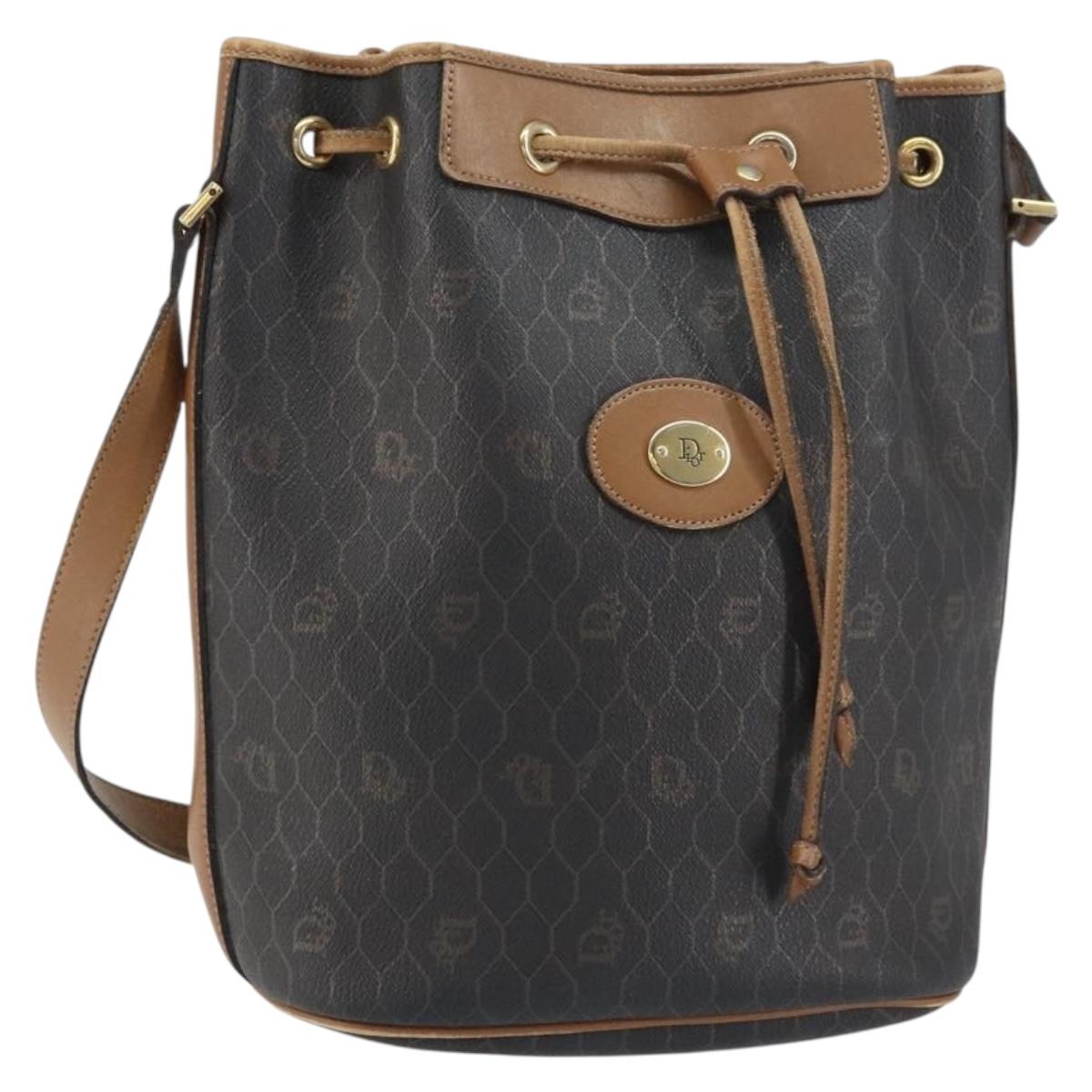 Christian Dior Honeycomb Canvas Shoulder Bag PVC Black Gold Auth gh1414