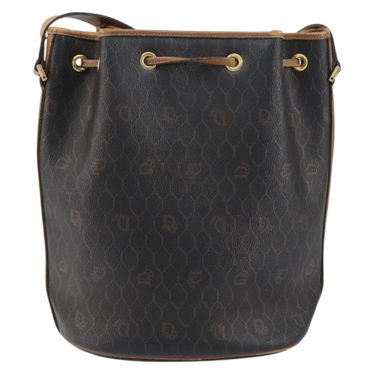 Christian Dior Honeycomb Canvas Shoulder Bag PVC Black Gold Auth gh1414