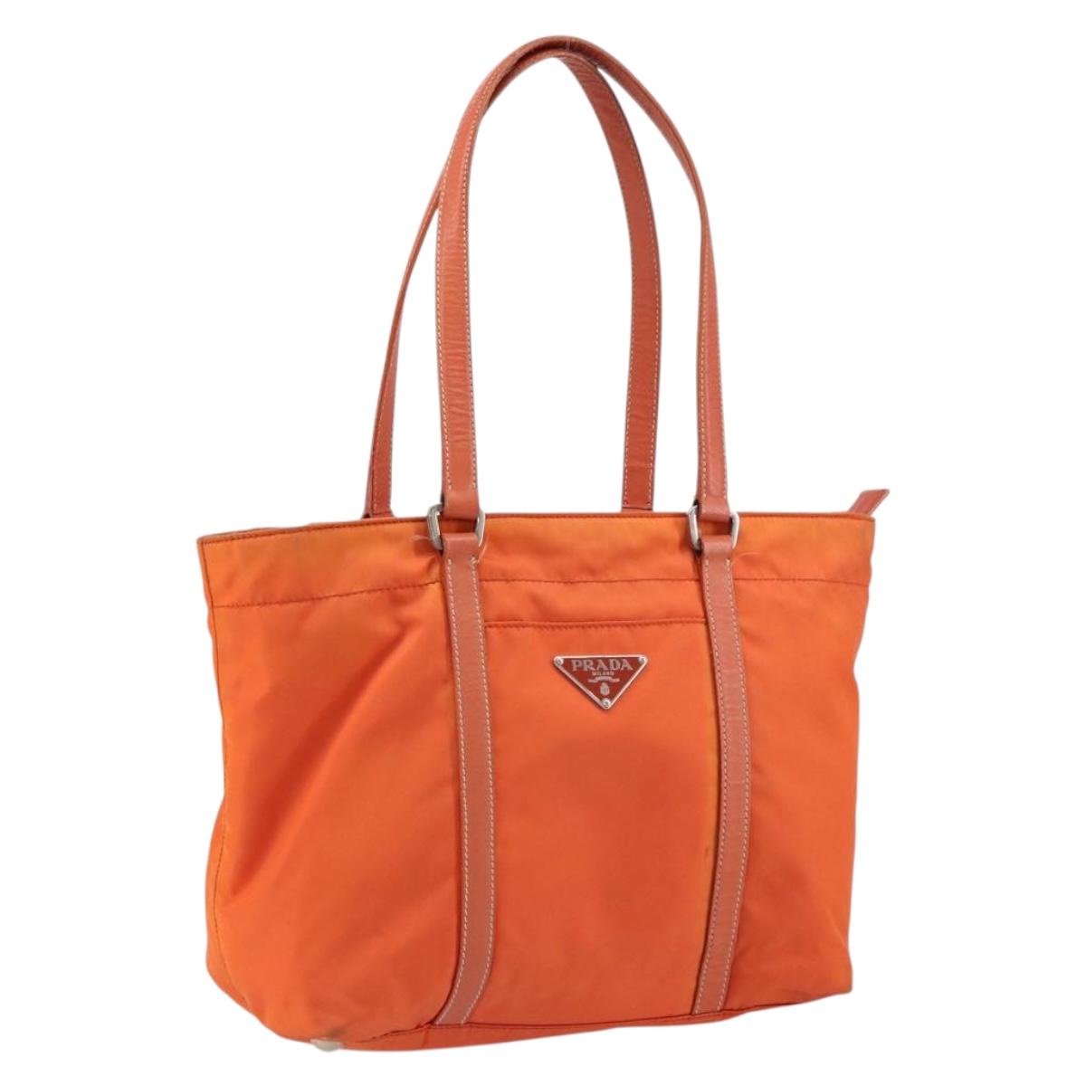 PRADA Tote Bag Nylon Leather Orange Silver Auth gh1423