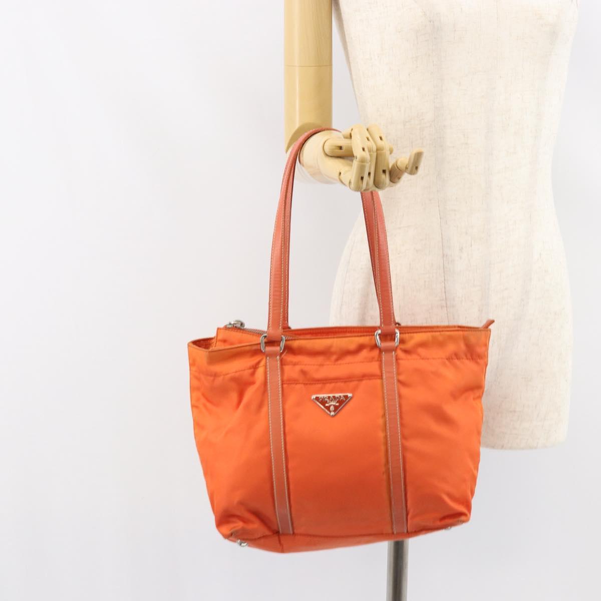 PRADA Tote Bag Nylon Leather Orange Silver Auth gh1423
