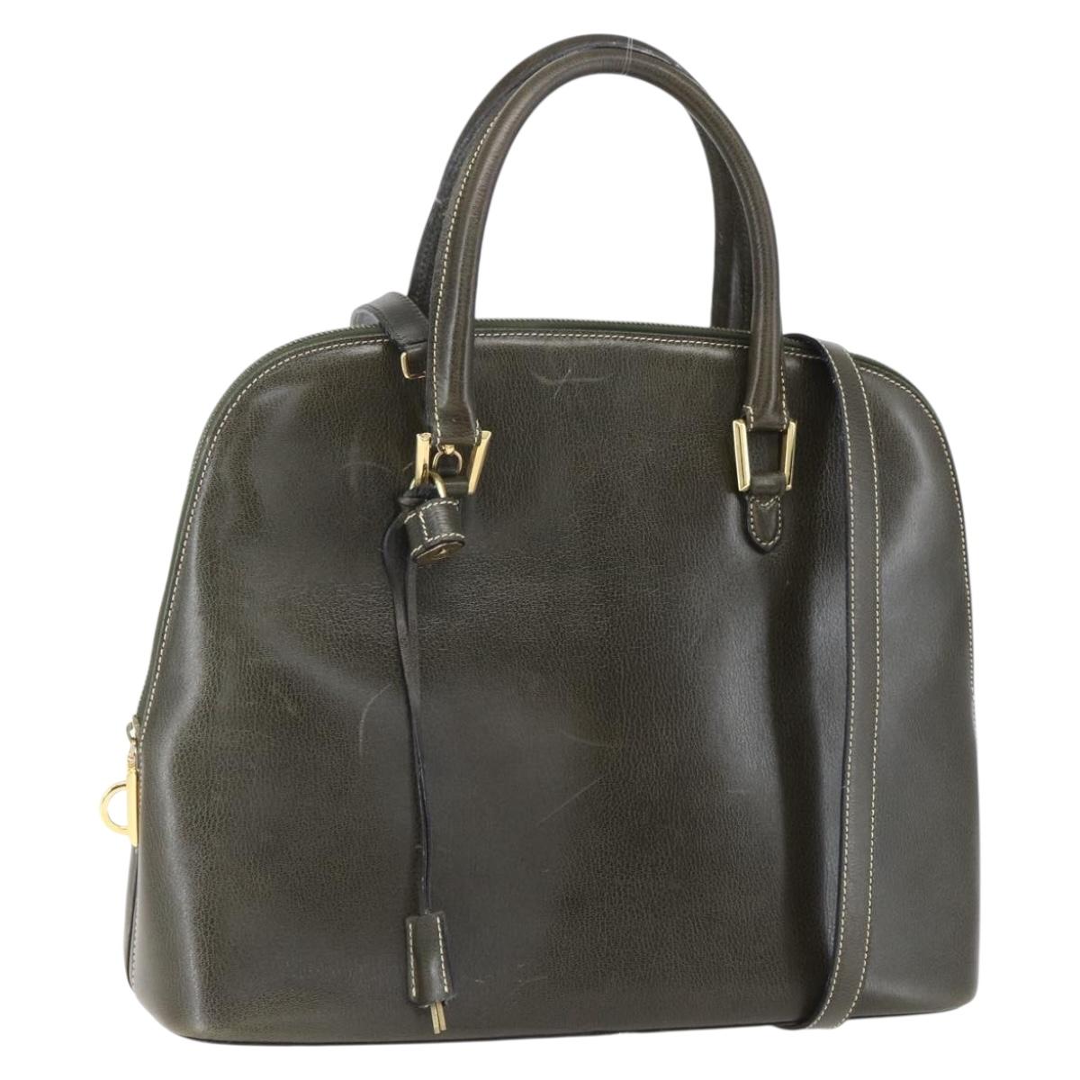 Salvatore Ferragamo Hand Bag Leather 2way Khaki Gold Auth gh1429