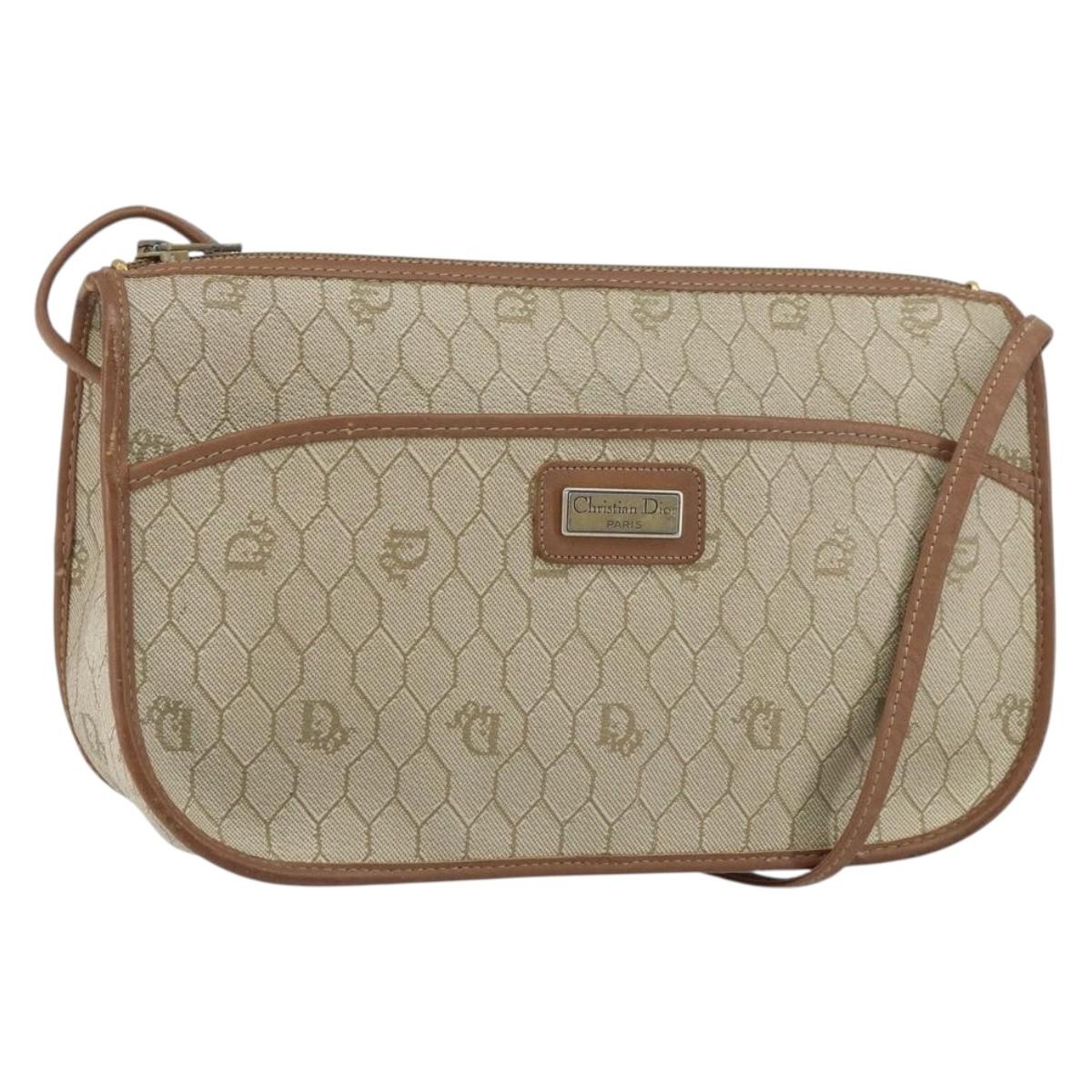 Christian Dior Honeycomb Canvas Shoulder Bag PVC Beige Gold Auth gh1470