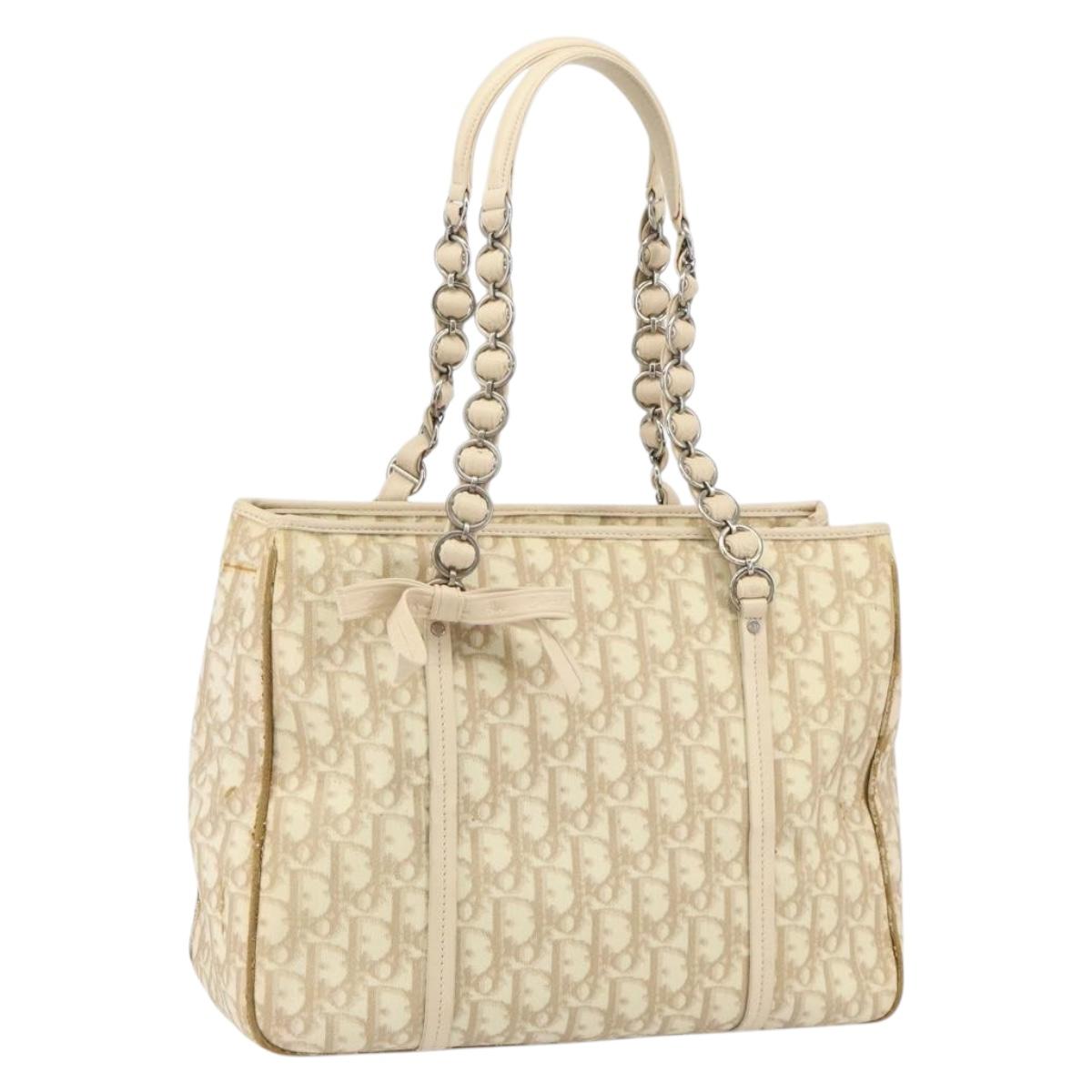 Christian Dior Trotter Canvas Romantic Tote Bag PVC Beige Silver Auth gh1473