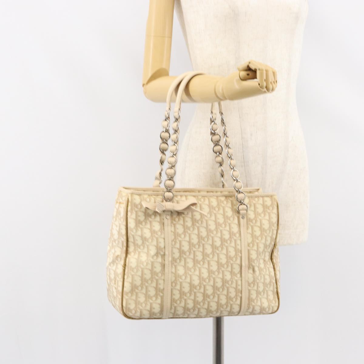 Christian Dior Trotter Canvas Romantic Tote Bag PVC Beige Silver Auth gh1473