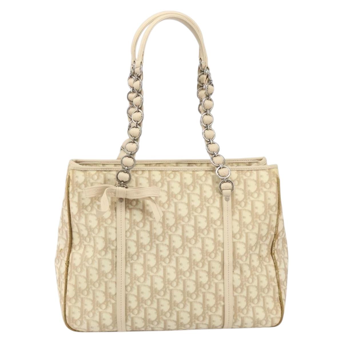 Christian Dior Trotter Canvas Romantic Tote Bag PVC Beige Silver Auth gh1473