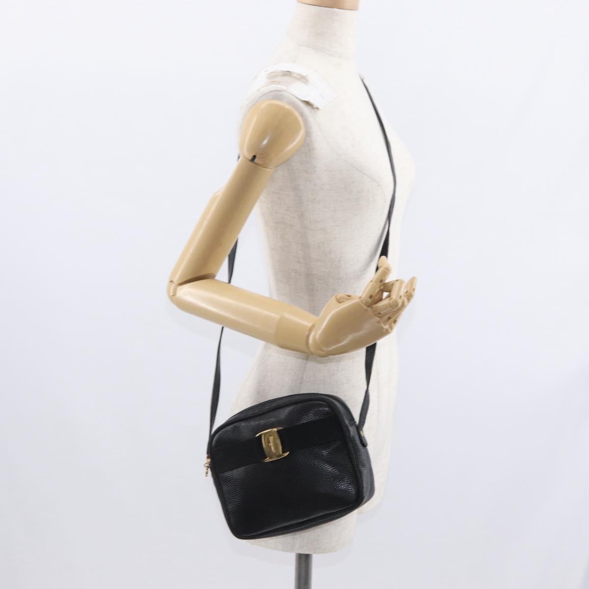 Salvatore Ferragamo Vala Shoulder Bag Leather Black Gold Auth gh1483