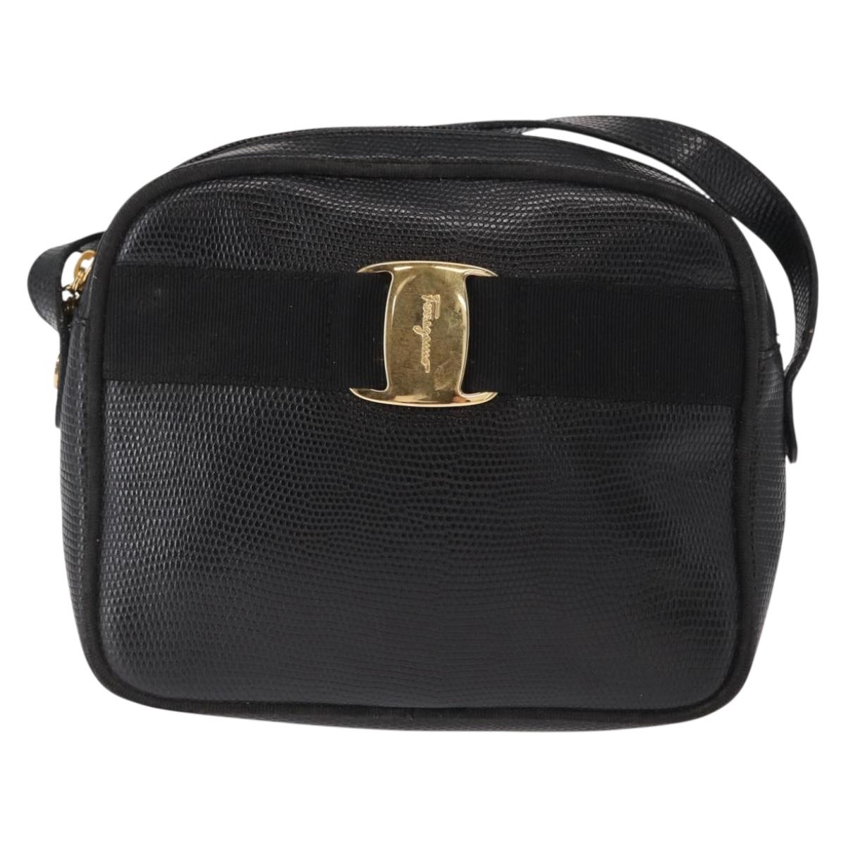 Salvatore Ferragamo Vala Shoulder Bag Leather Black Gold Auth gh1483