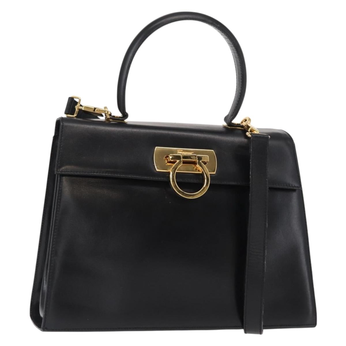 Salvatore Ferragamo Gancini Hand Bag Leather 2way Black Gold Auth gh1484