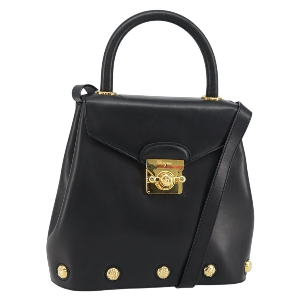 Salvatore Ferragamo Hand Bag Leather 2way Black Gold Auth gh1485