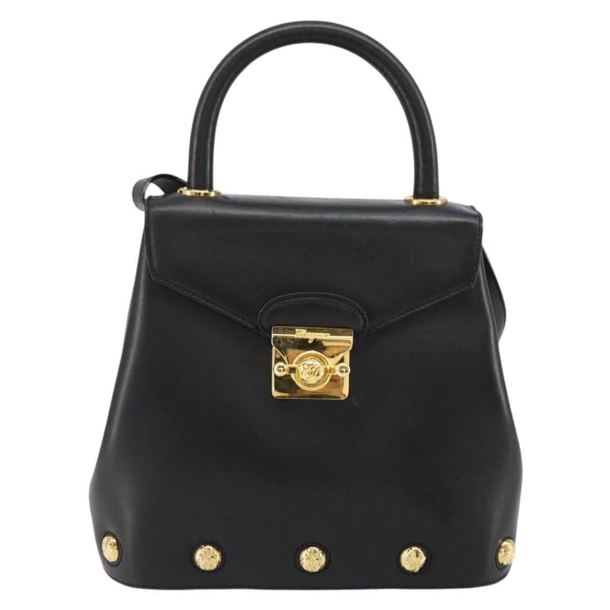 Salvatore Ferragamo Hand Bag Leather 2way Black Gold Auth gh1485