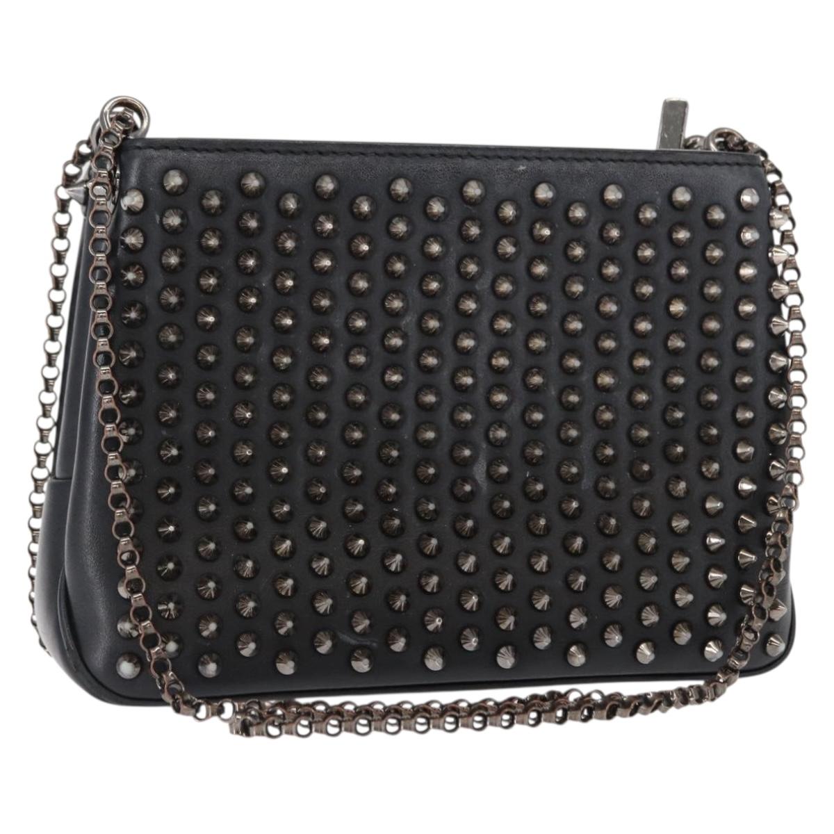 Christian Louboutin Studs Chain Shoulder Bag Leather Black Silver Auth gh1489
