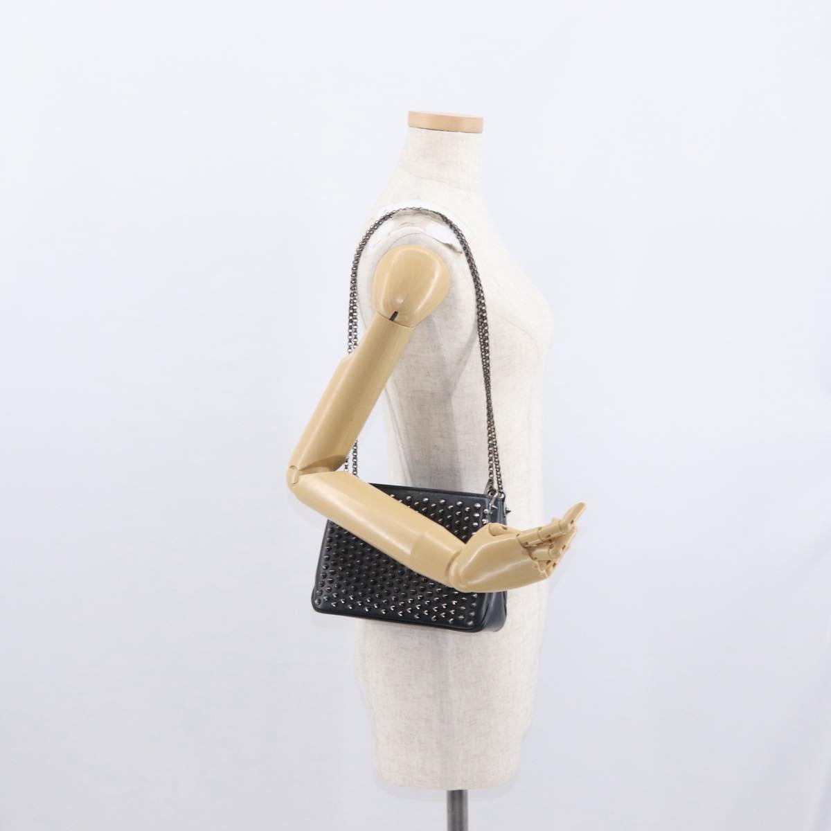 Christian Louboutin Studs Chain Shoulder Bag Leather Black Silver Auth gh1489