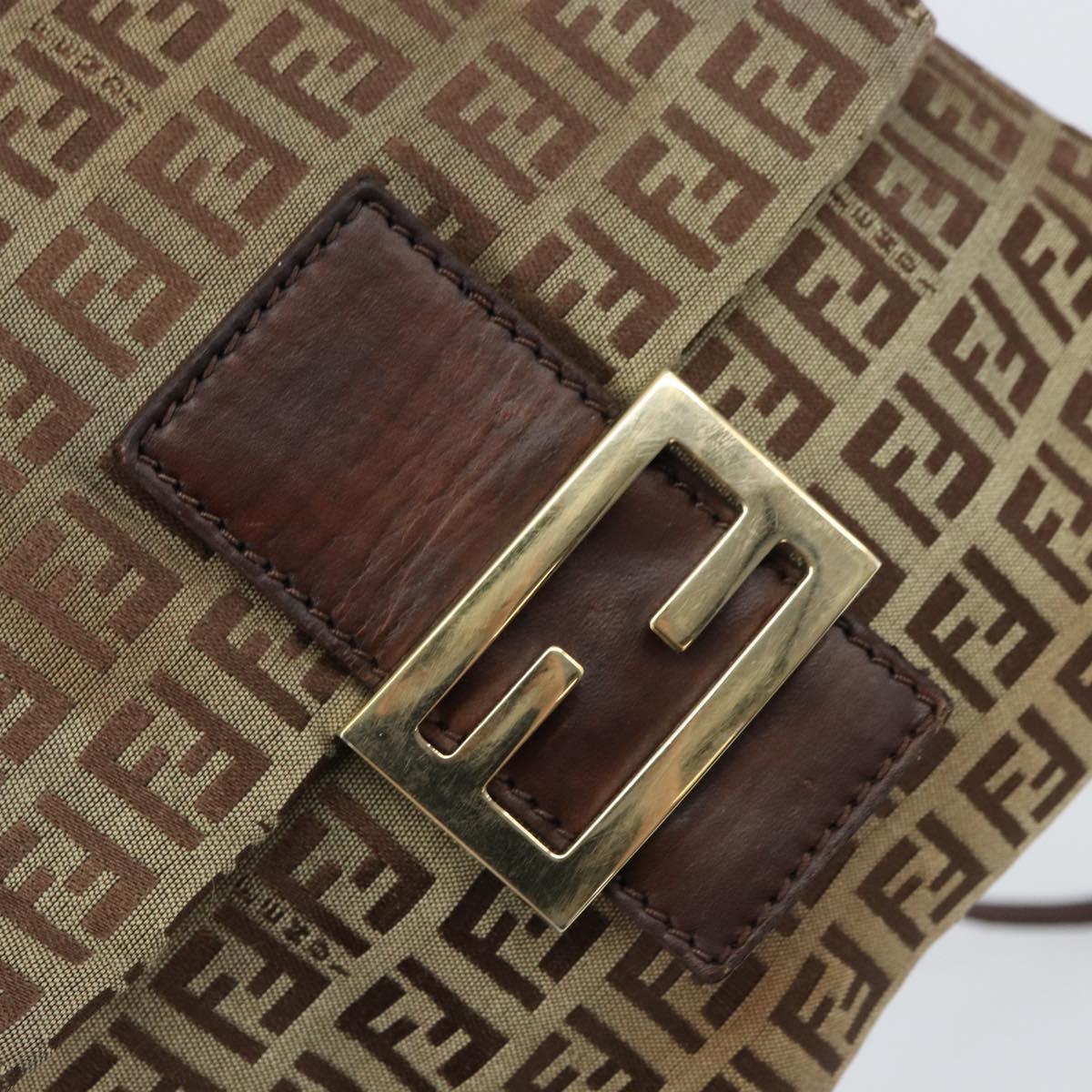 FENDI Zucchino Canvas Mamma Baguette Shoulder Bag Brown Gold Auth gh1492