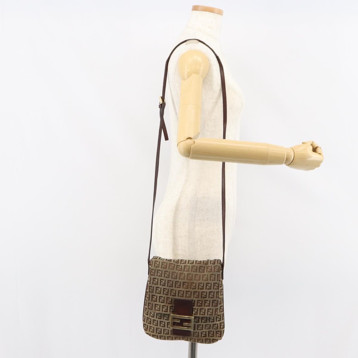 FENDI Zucchino Canvas Mamma Baguette Shoulder Bag Brown Gold Auth gh1492