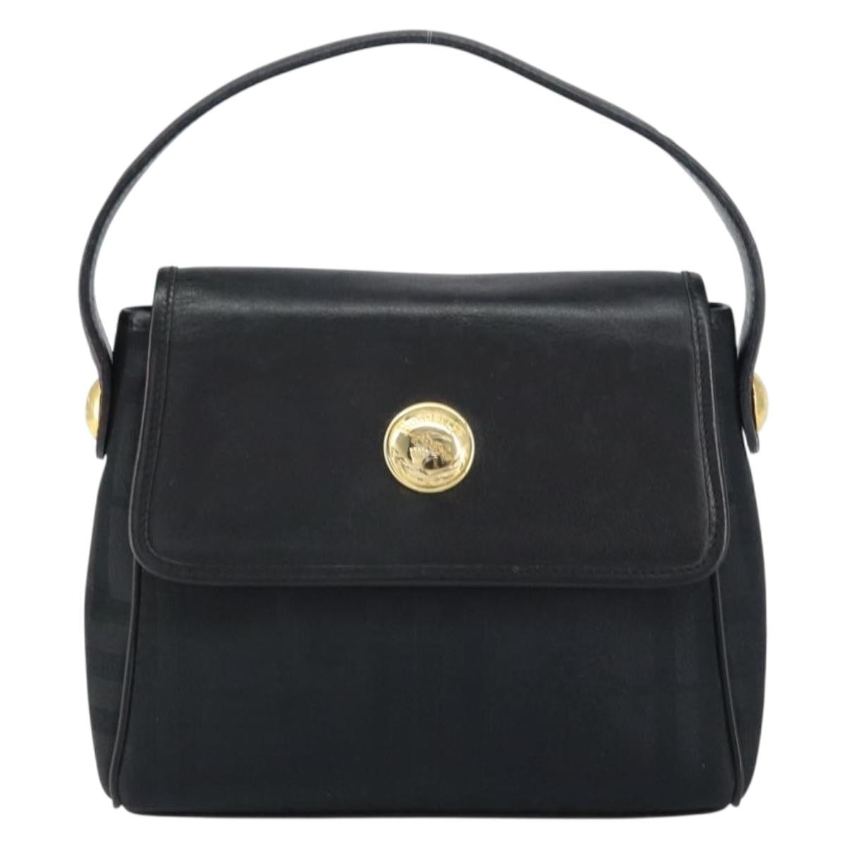 Burberrys Nova Check Hand Bag Leather Canvas Black Gold Auth gh1496