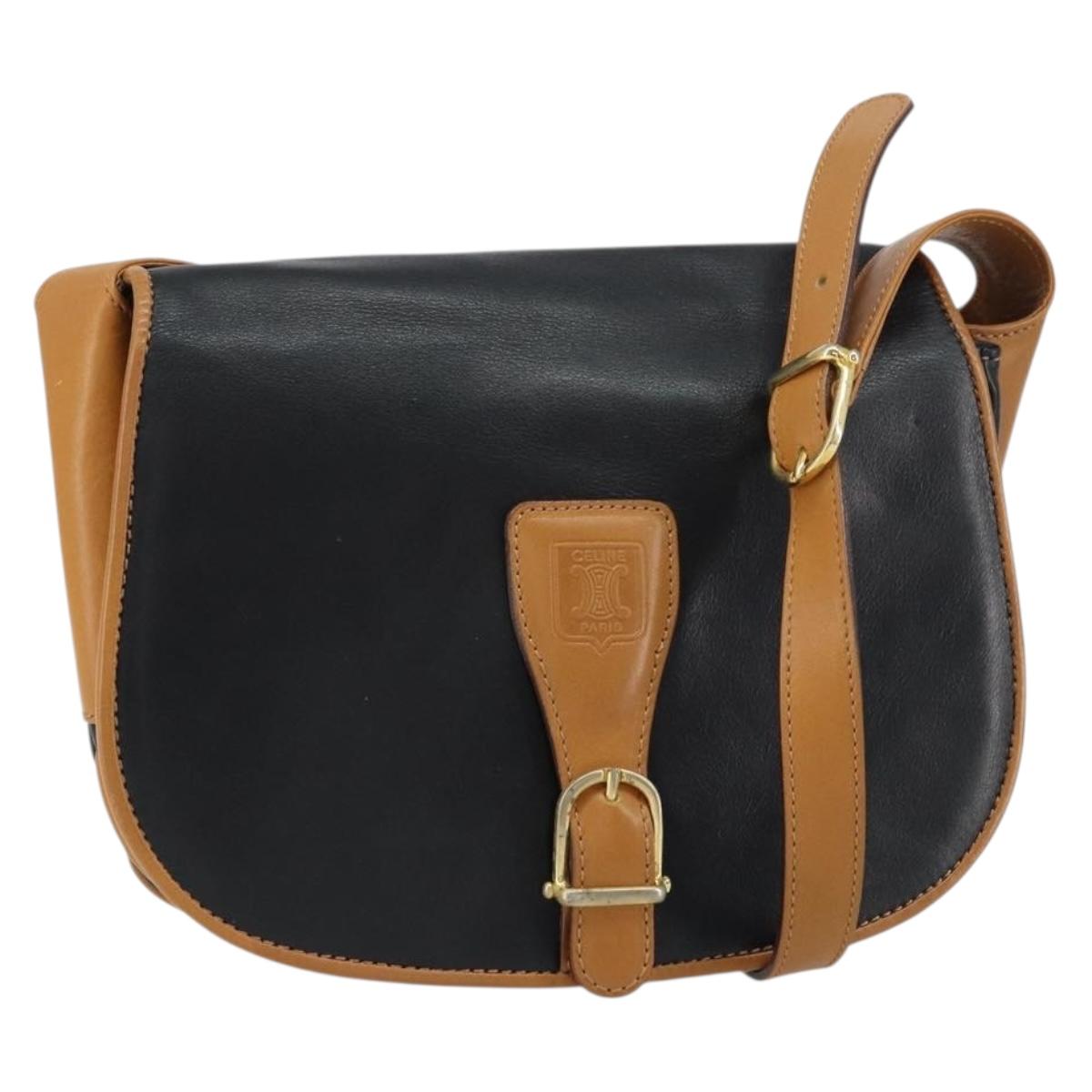CELINE Shoulder Bag Leather Black Gold Auth gh1499